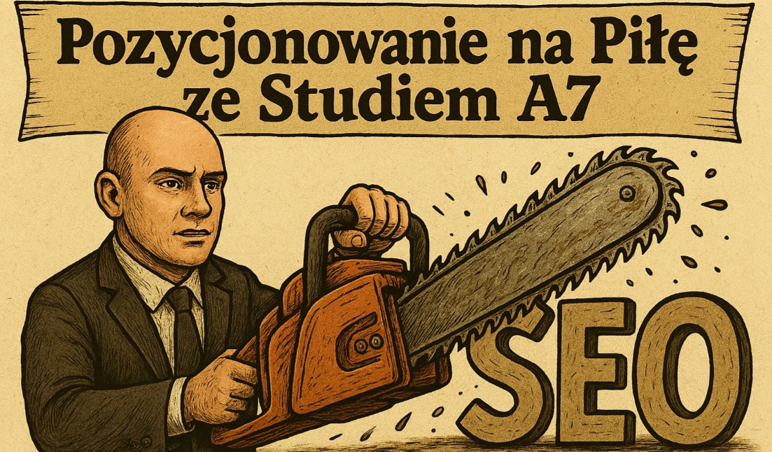 Pozycjonowanie na Piłę ze Studiem A7 (napis) – Humorystyczna infografika w animowanym stylu, przedstawiająca specjalistę SEO ze Studio A7, rzeźbiącego drewniany napis SEO piłą łańcuchową.