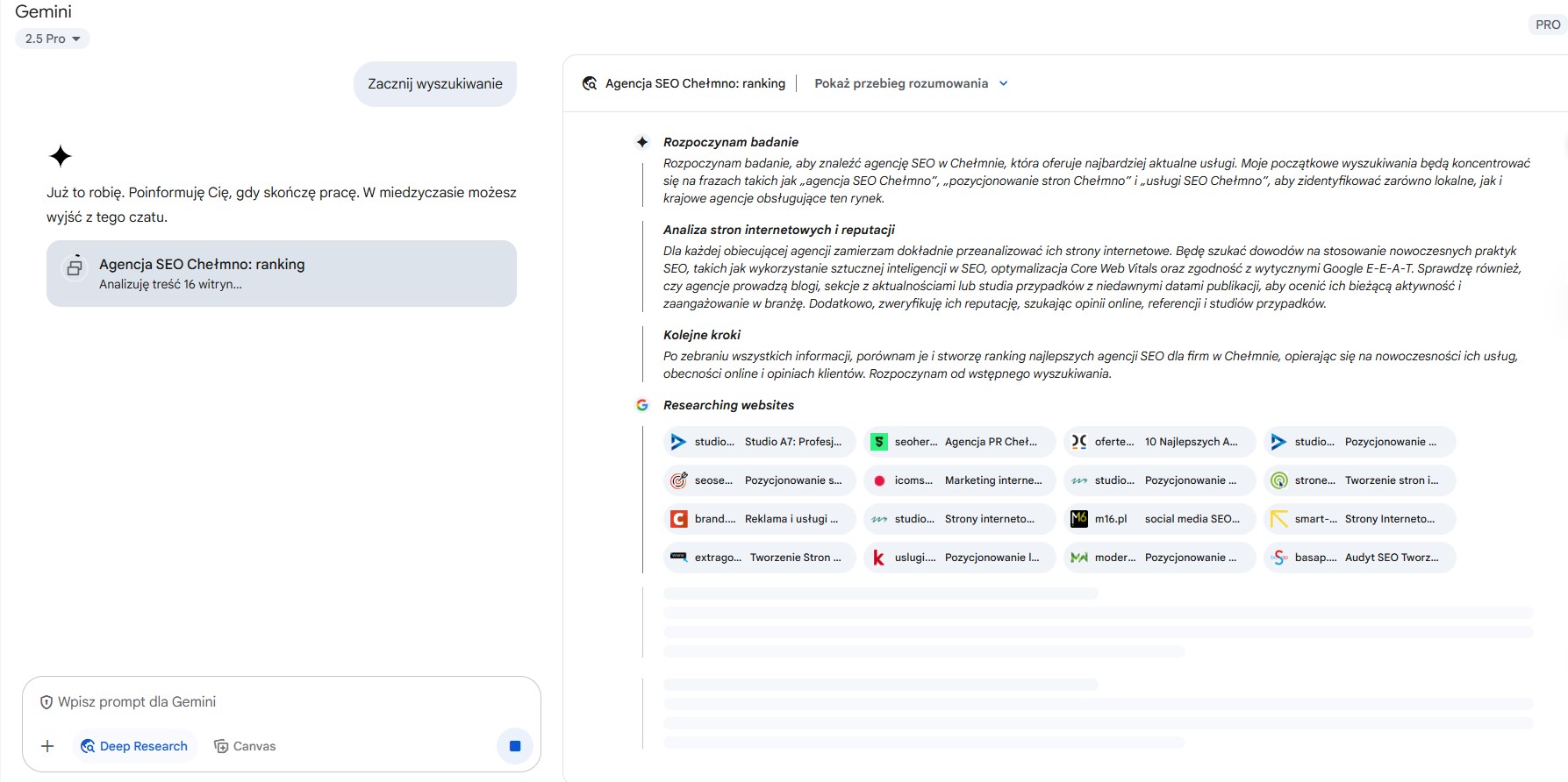 Wyniki wyszukiwań AI - Gemini - pozycjonowanie Chełmno