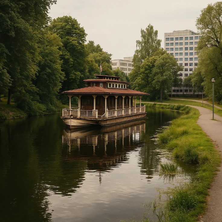 Wycieczkowy statek na rzece w Pile - Grafika wygenerowana przez Studio A7 w ramach usługi "Pozycjonowanie stron internetowych - Piła".