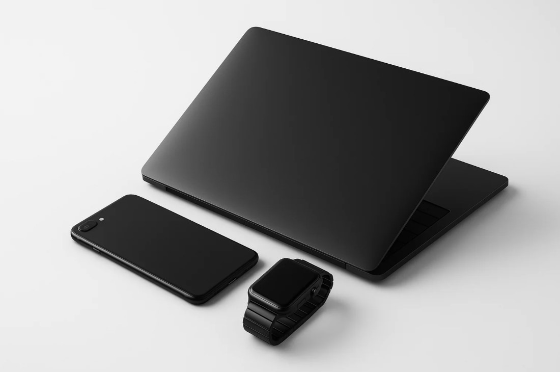 Nowoczesne technologie cyfrowe – Laptop z opuszczoną pokrywą, smartwatch i odwrócony smartphone — grafika stworzona przez Studio A7 do promocji usług SEO dla firm z Piły.