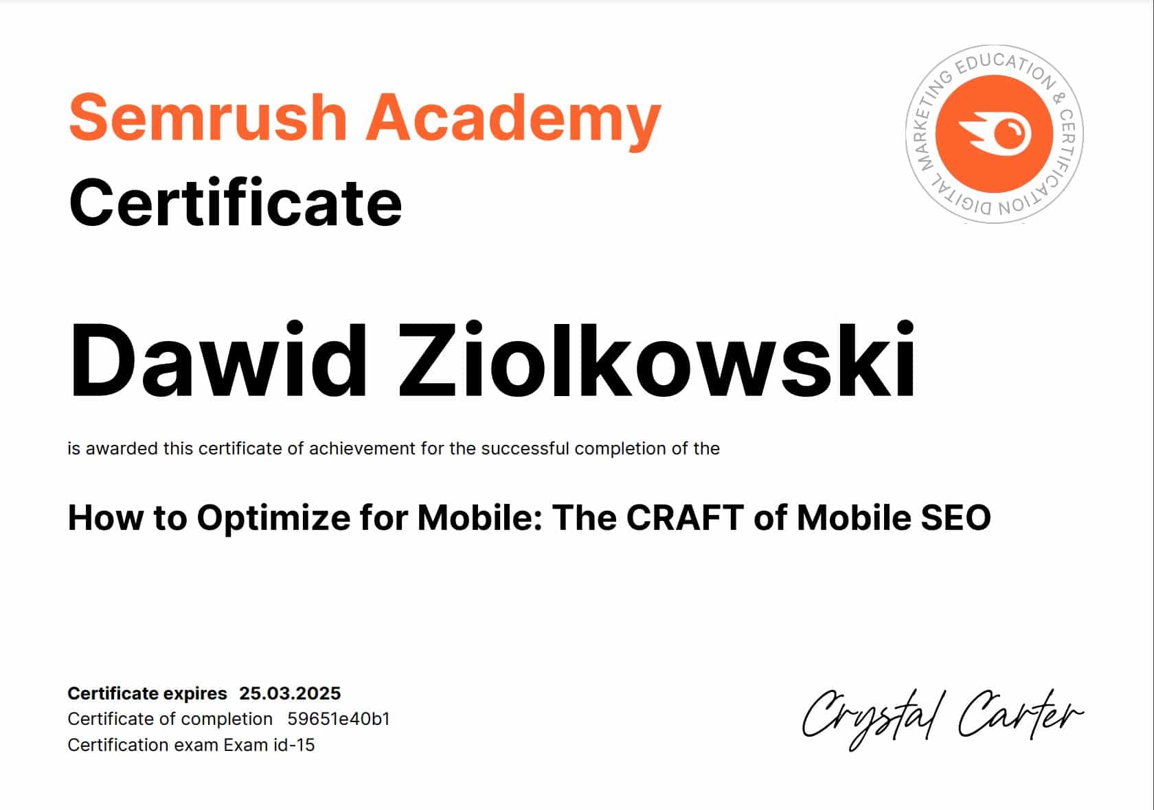 Pozycjonowanie i SEO - certyfikat CRAFT for Mobile SEO - Dawid Ziółkowski, Studio A7