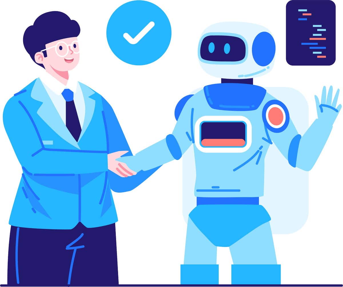 Menadżer ściska rękę robotowi - współpraca z AI